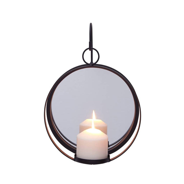 Round Wrought Iron Pillar Candle Sconce with Mirror