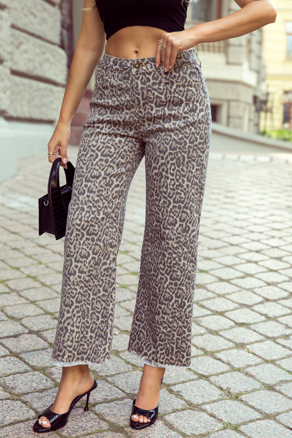 Leopard /Polka Dot Frayed Edge Wide Leg High Waist Jeans