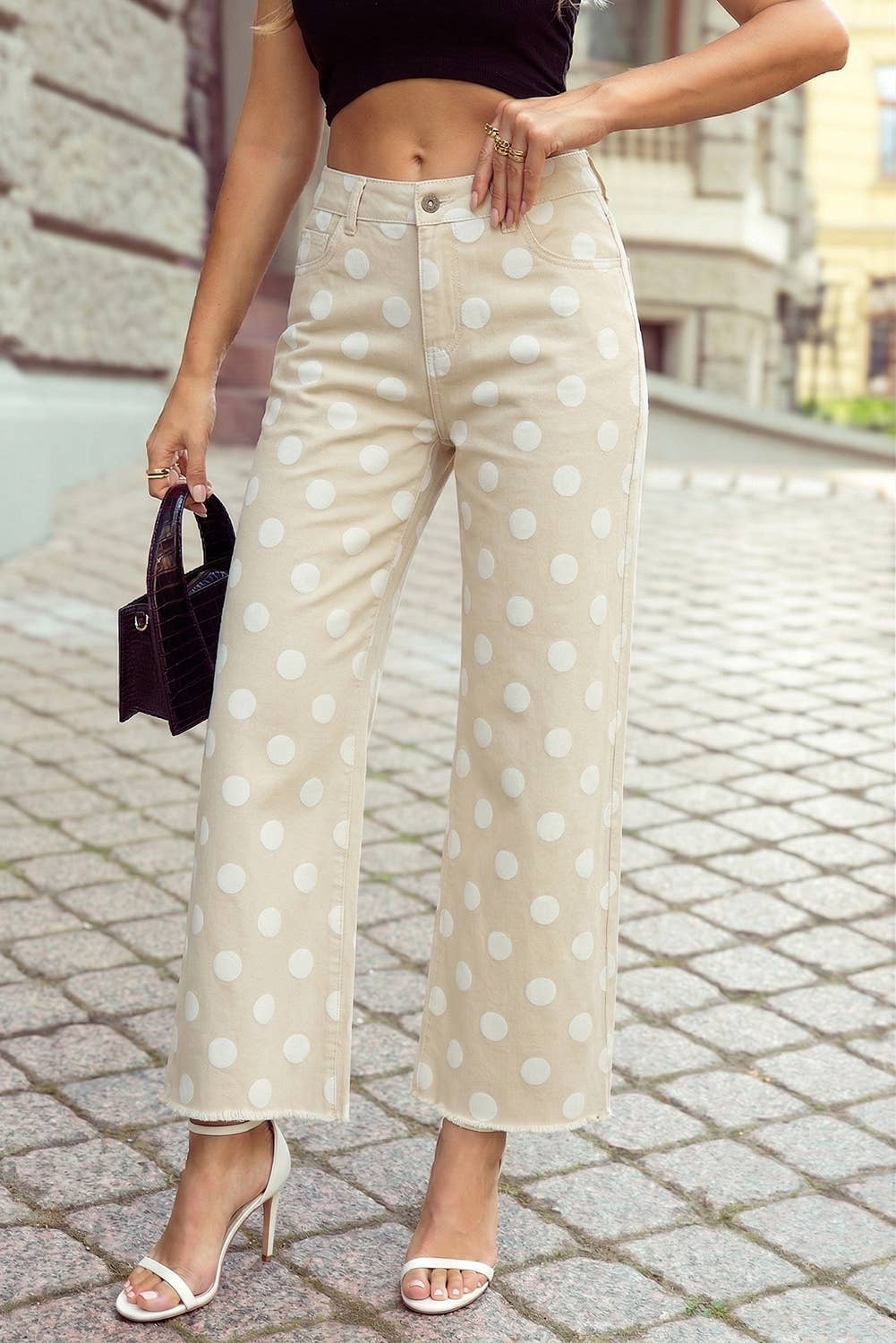 Leopard /Polka Dot Frayed Edge Wide Leg High Waist Jeans
