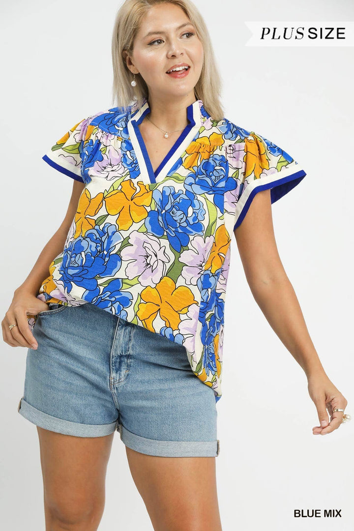 Plus Floral Print Blouse With Contrast Trim