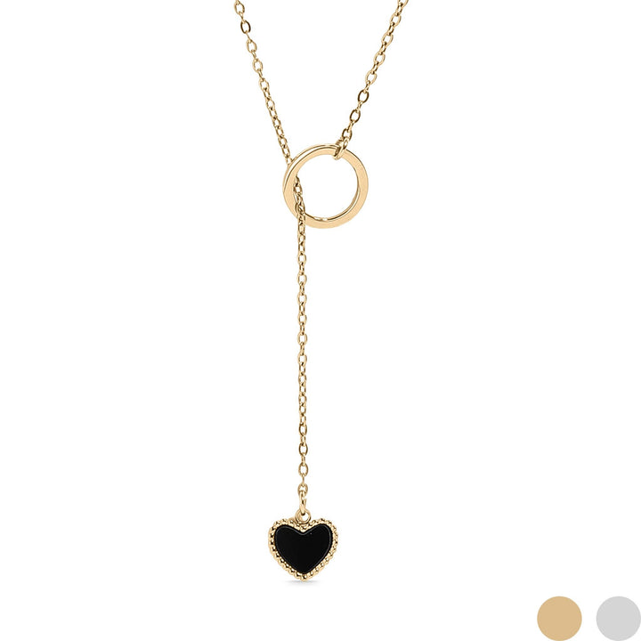 18K Gold PVD Stainless Steel Black Heart Lariat Necklace