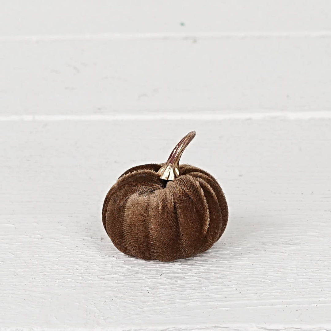31342-Bag of 6-Brown velvet 2-inch pumpkins with golden stem