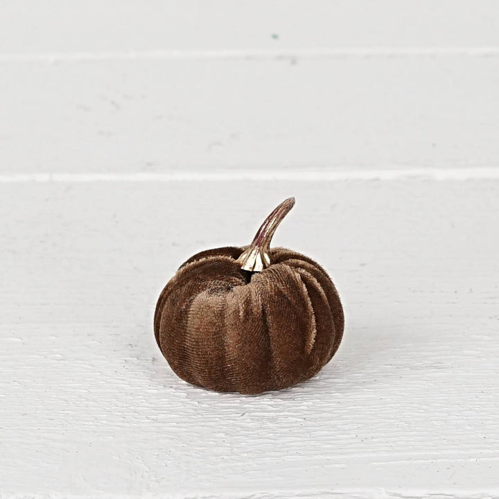 31342-Bag of 6-Brown velvet 2-inch pumpkins with golden stem