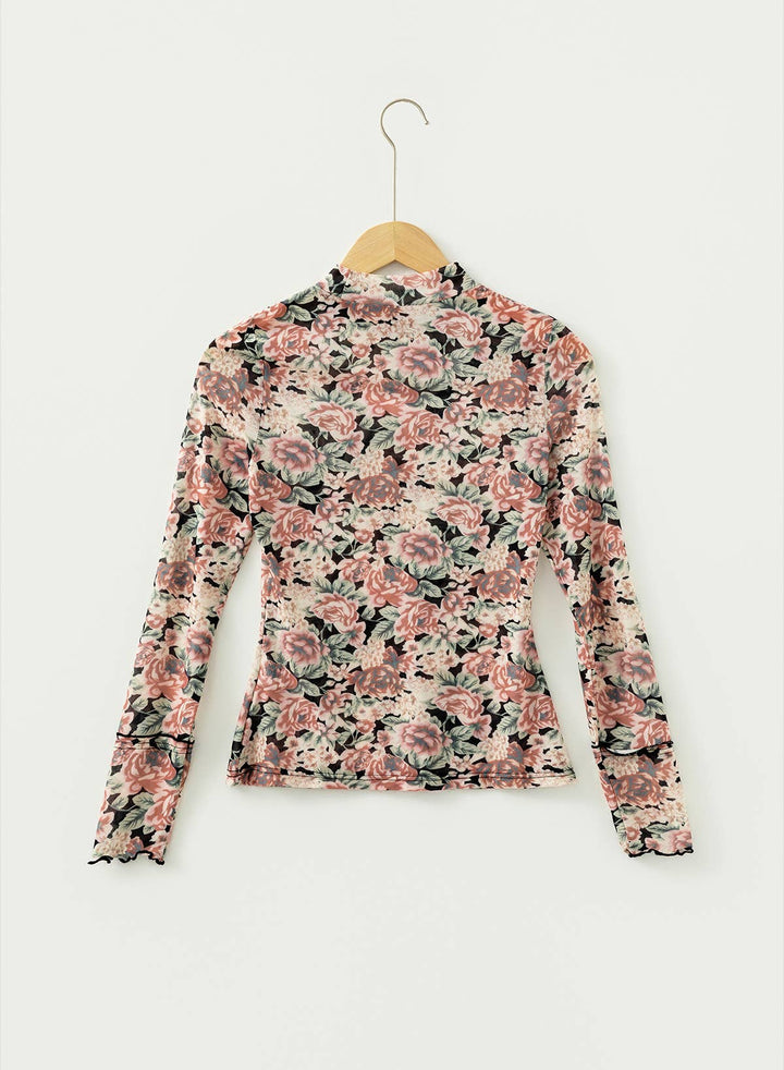 Retro Floral Print Mesh Long Sleeve Top | S-4X