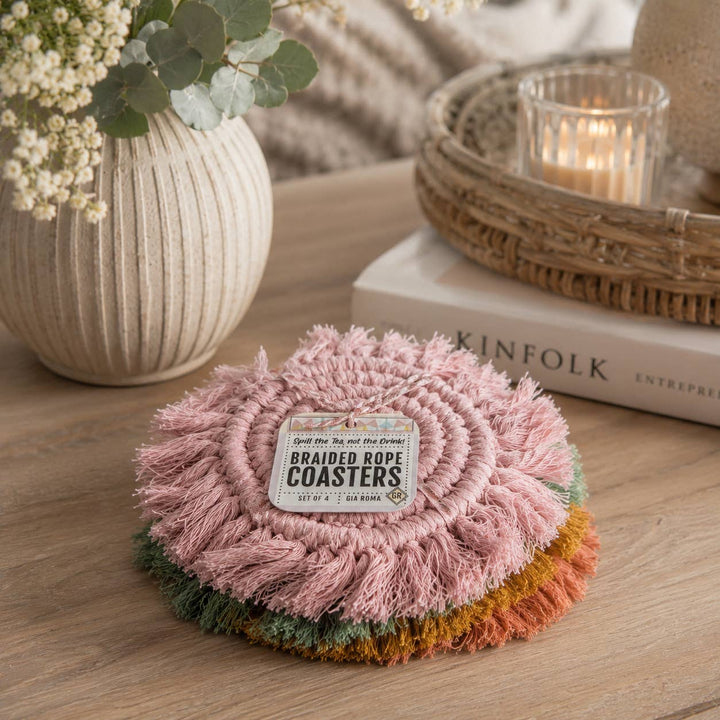 Fabric Tassel Spiral Braided Coasters, Spring Tabletop Decor