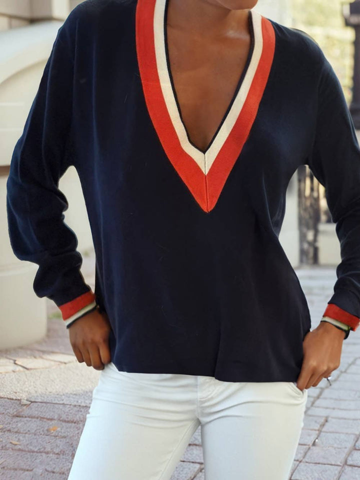Contrast Striped Trim V Neck Casual Sweater