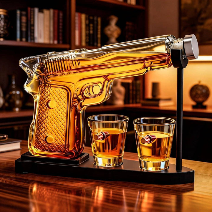 Pistol Gun Decanter Set + 2 Bullet shot Glasses &amp; Wood Stand