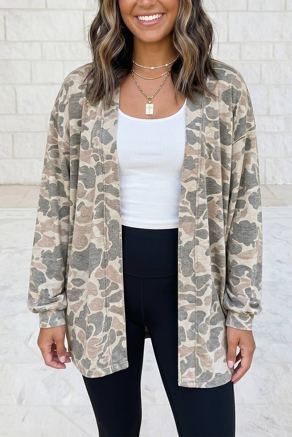 Camo Print Long Sleeve Tunic V Neck Open Front Cardigan S–4X