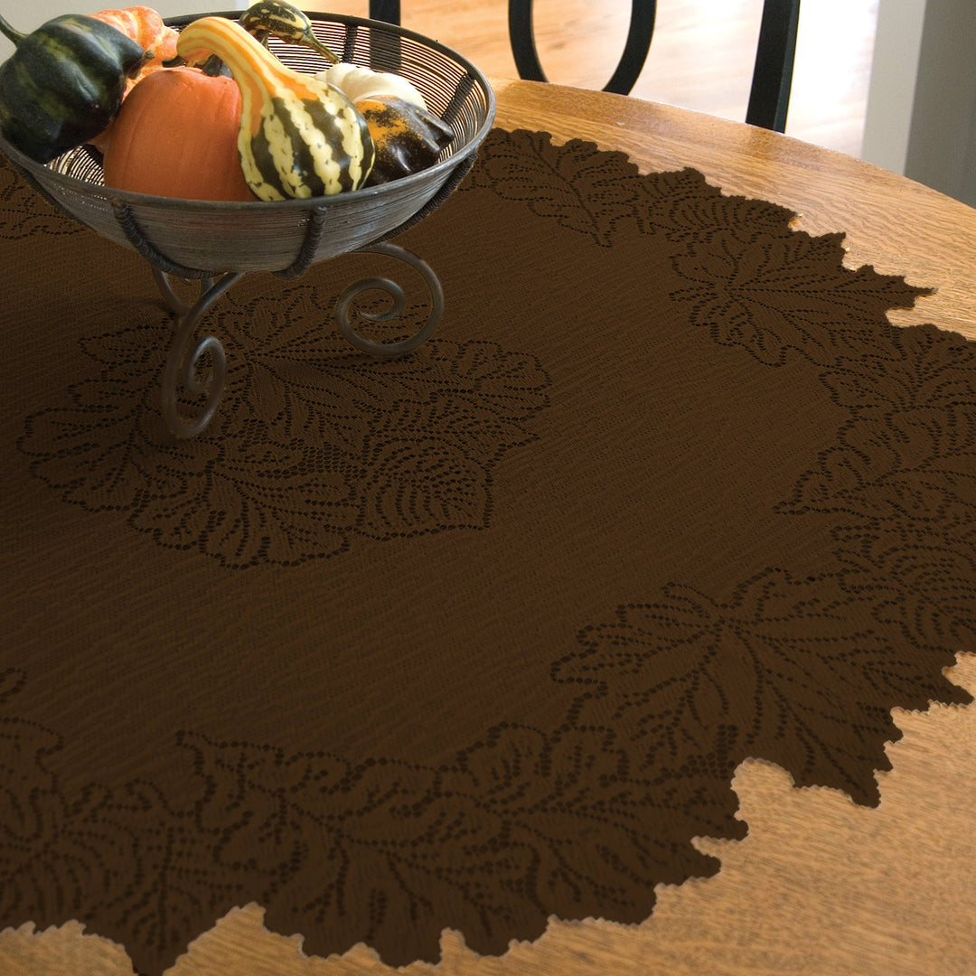 Autumn Leaf 36 in Round Earth Brown Lace Table Topper