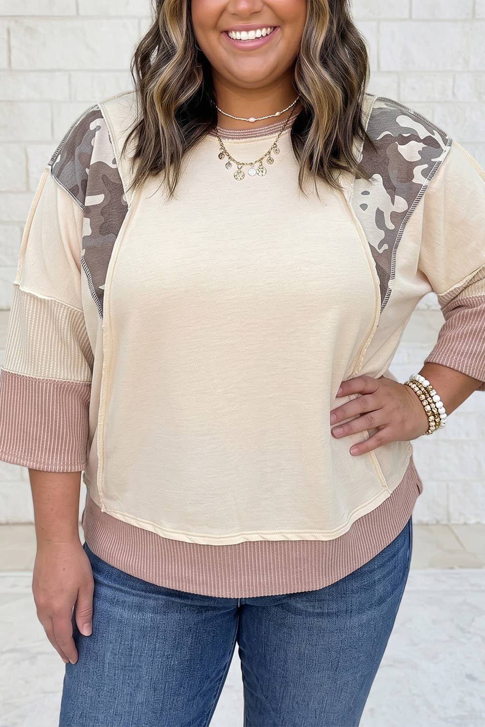 Panel Twist Rib Sleeve Round Neck Loose Fit Plus Size Blouse