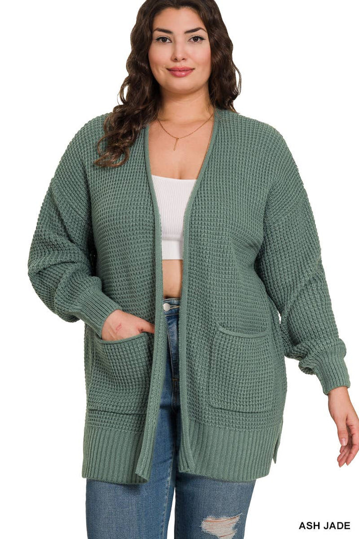 Plus Low Gauge Waffle Open Cardigan Sweater