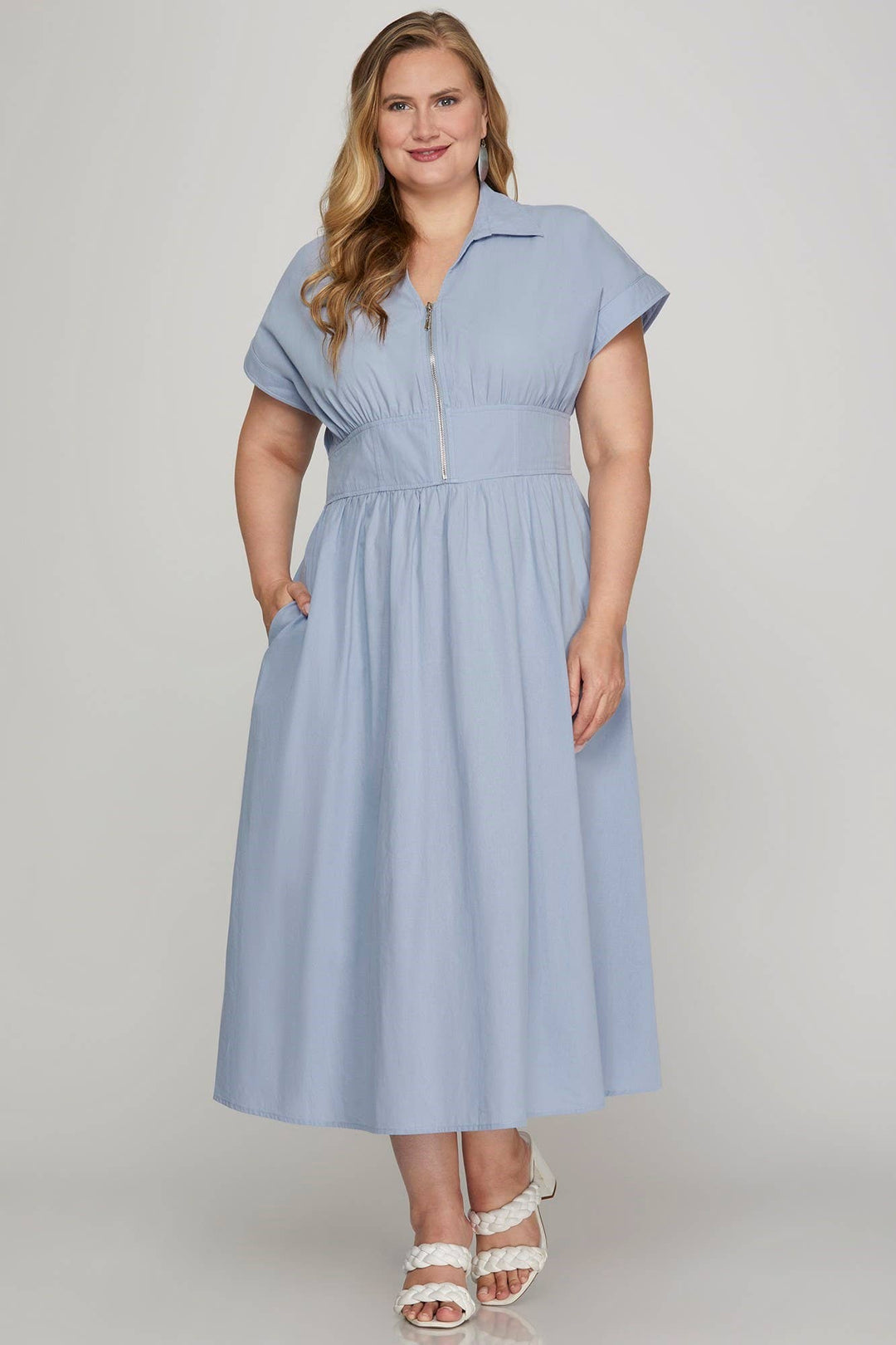 Plus Drop Sleeve Woven Zip up Dress