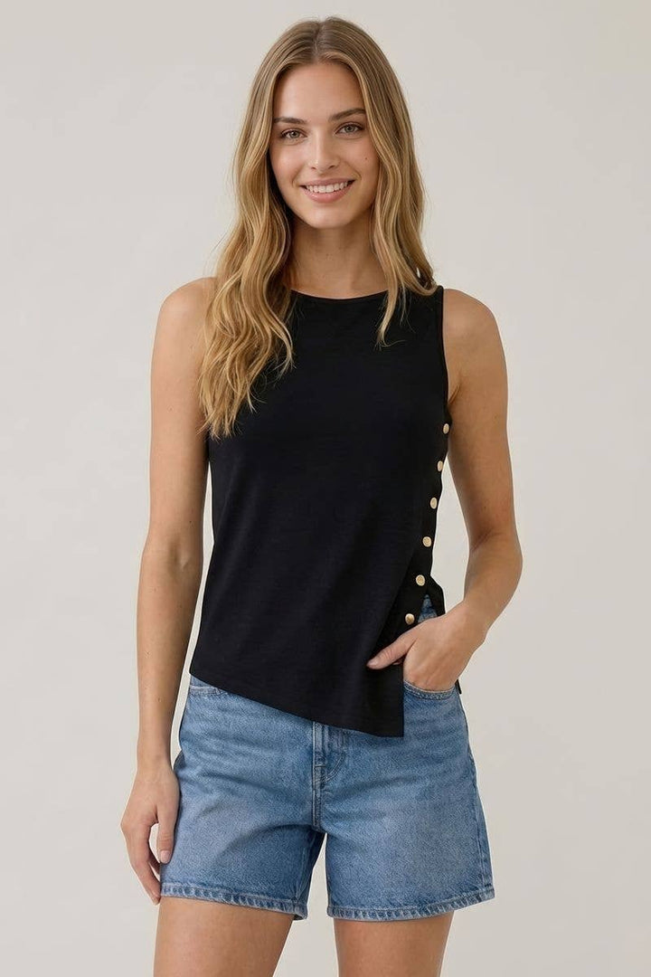 ASYMMETRICAL BUTTON DETAIL BOAT NECK TANK TOP - 45732T-1