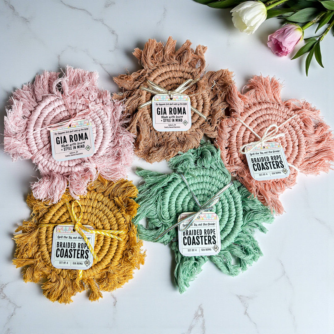 Fabric Tassel Spiral Braided Coasters, Spring Tabletop Decor