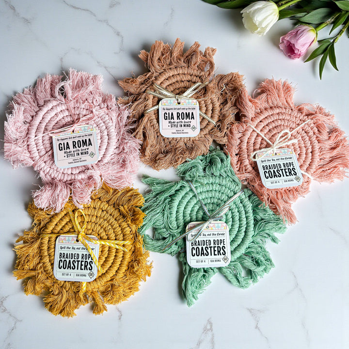 Fabric Tassel Spiral Braided Coasters, Spring Tabletop Decor