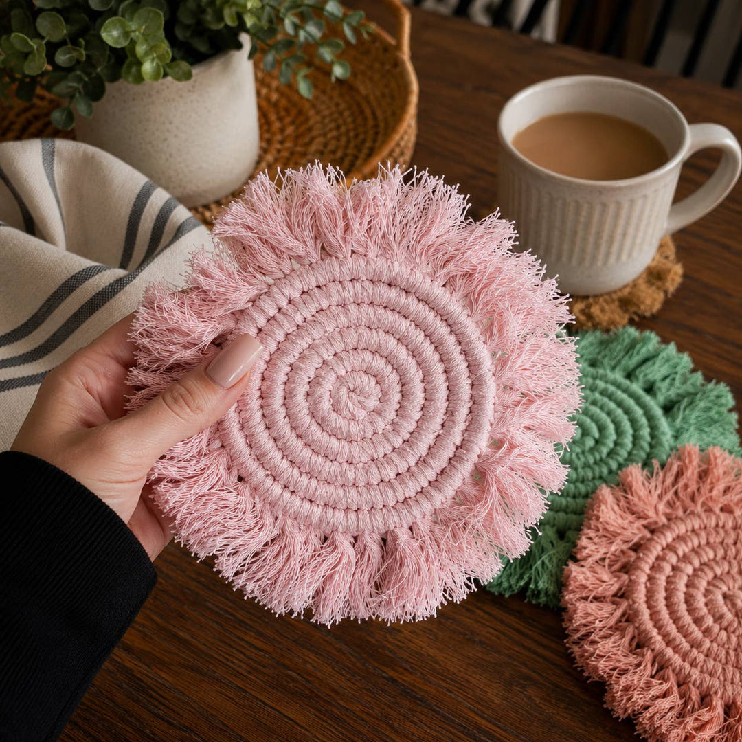 Fabric Tassel Spiral Braided Coasters, Spring Tabletop Decor