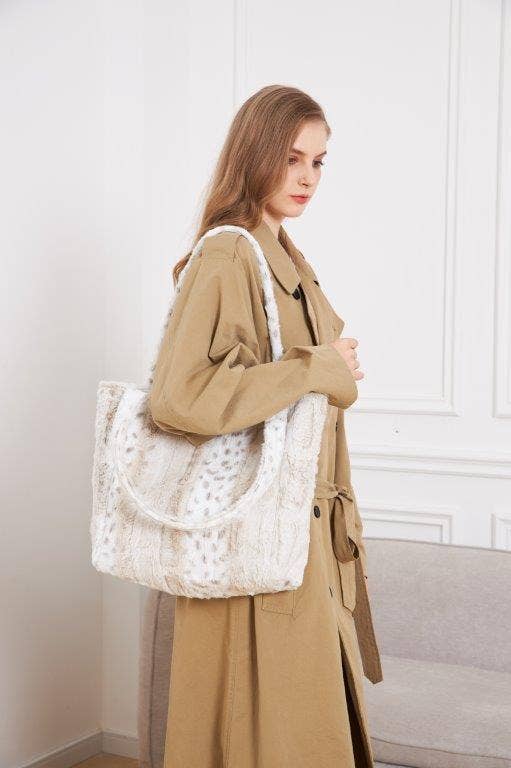 White Leopard Grey Stripe Fur Tote Bag