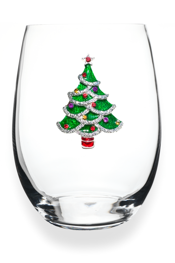 Christmas Tree Jeweled Stemless Wine Glass