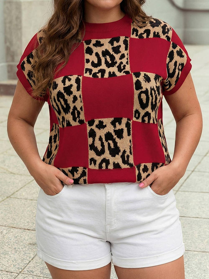 Western Leopard Checkerboard Short Sleeve Knit Sweater |S-4X