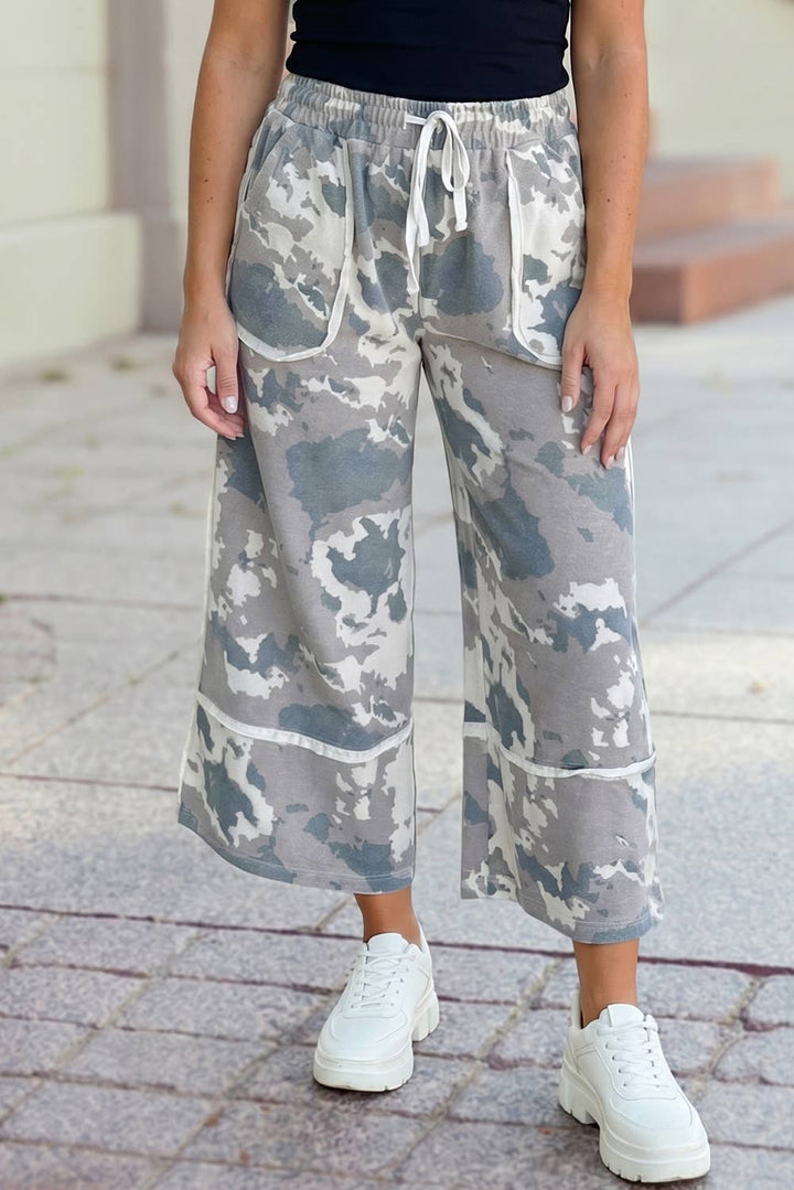 Camo Contrast Lace-up Raw Edge Pocketed Loose Pants S-4X