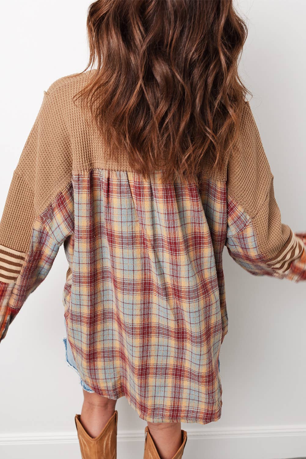 Waffle Stripe Plaid Patchwork Henley Knit Top S-4X
