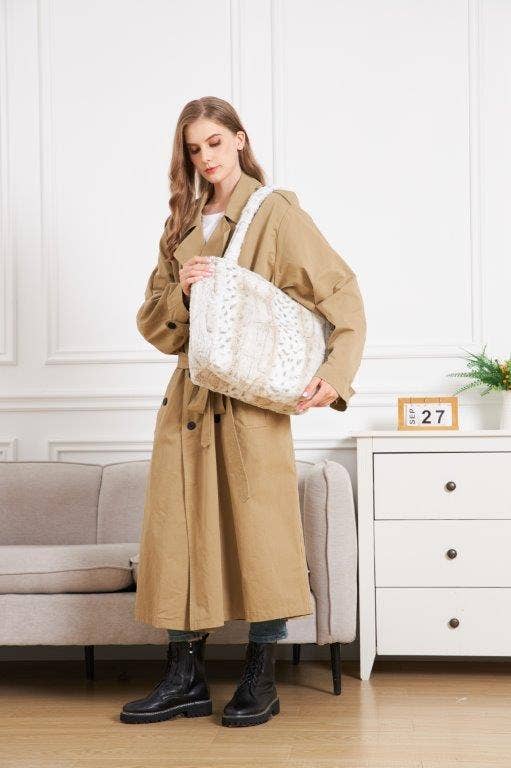 White Leopard Grey Stripe Fur Tote Bag