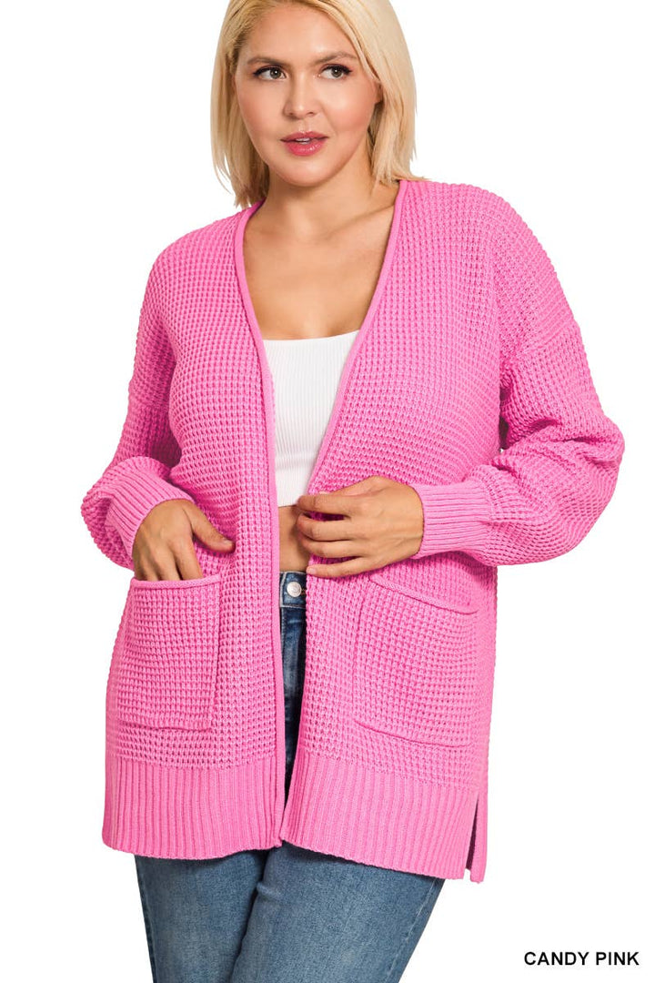 Plus Low Gauge Waffle Open Cardigan Sweater