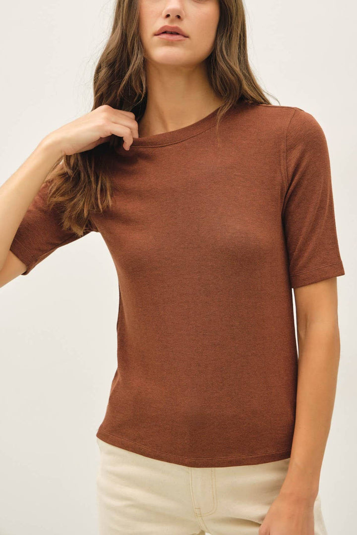 Modal Ribbed Crew Neck Basic Short Sleeve Top