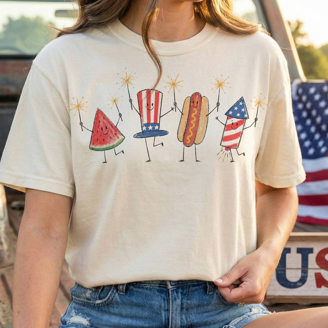 USA Vintage 4th of July Fireworks Hot Dogs Retro Graphic Tee