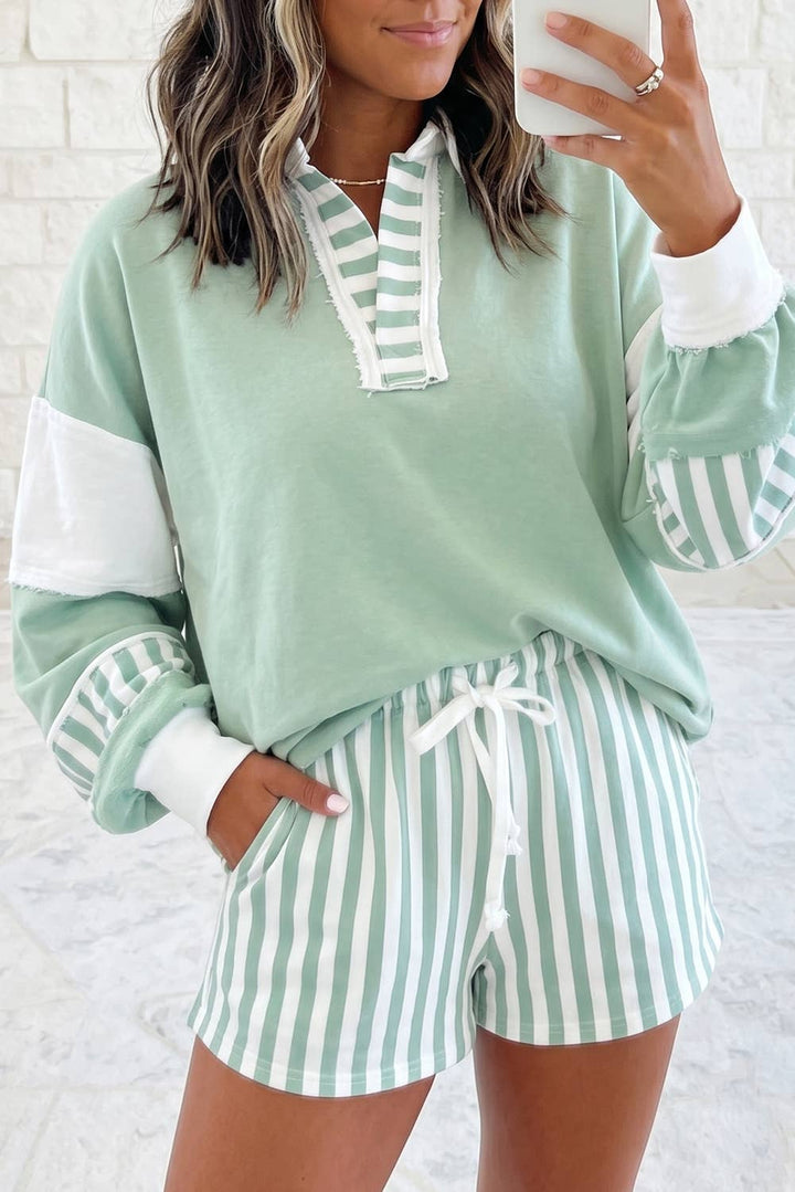 Striped Colorblock Patchwork Sweatshirt &amp; Shorts Set S–4X