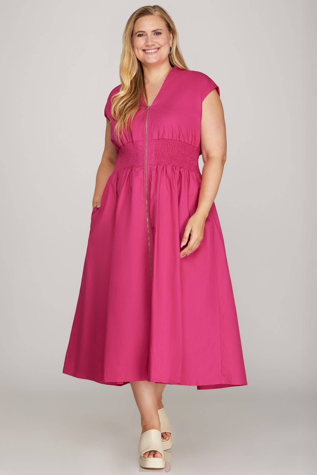 Plus Smocked Waist Front Zip Midi Dress