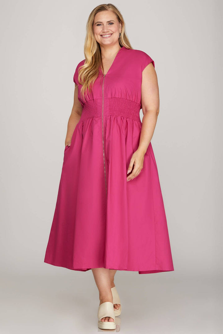 Plus Smocked Waist Front Zip Midi Dress