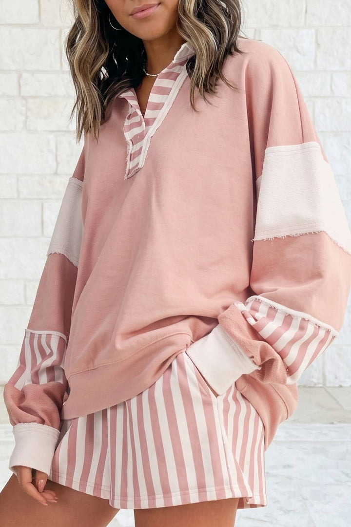 Striped Colorblock Patchwork Sweatshirt &amp; Shorts Set S–4X