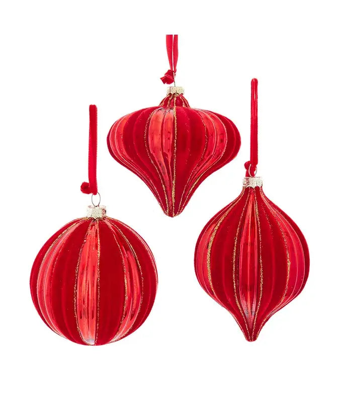 100mm Red Flock Gold Glitter Ornament 3 Assorted
