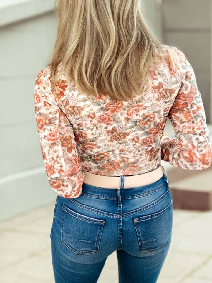 Retro Floral Print Mesh Long Sleeve Top | S-4X