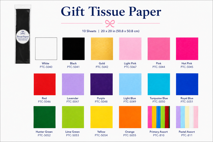 Gift Tissue Paper, 20x20in, 10 Sheets, Available in 18 Color