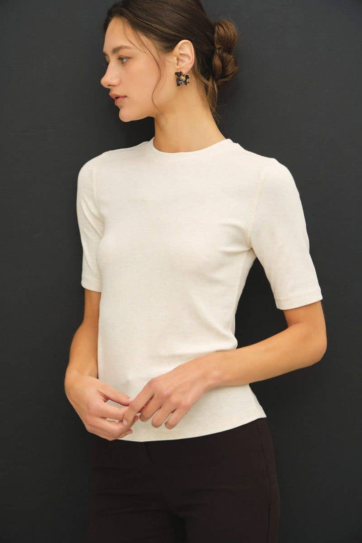 Modal Ribbed Crew Neck Basic Short Sleeve Top