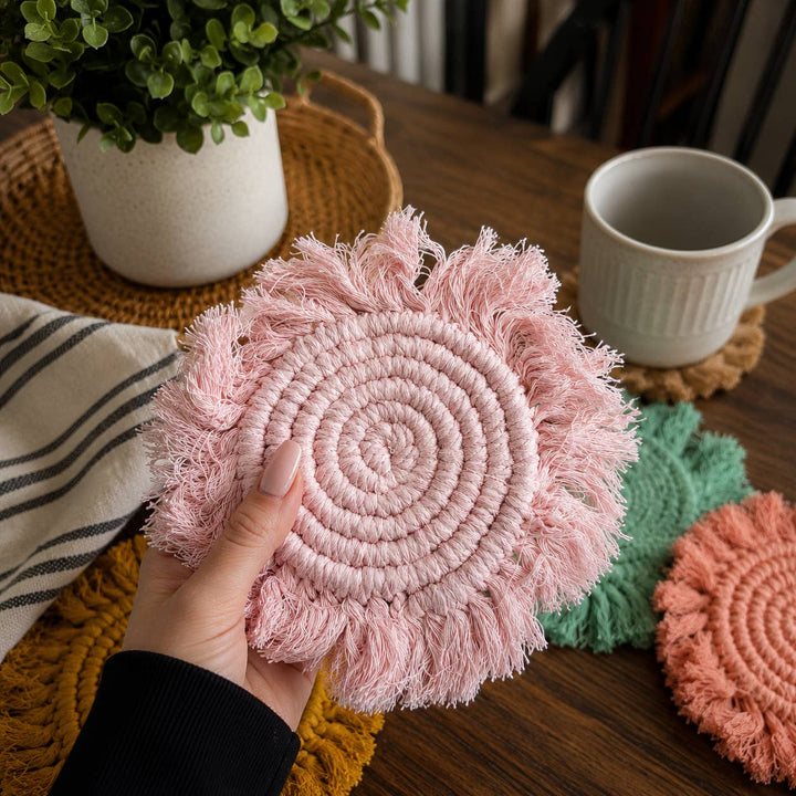 Fabric Tassel Spiral Braided Coasters, Spring Tabletop Decor