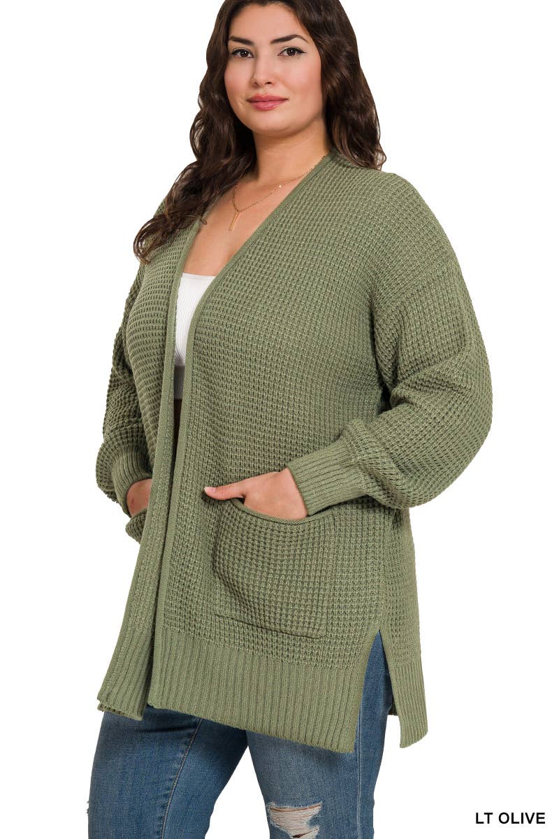 Plus Low Gauge Waffle Open Cardigan Sweater