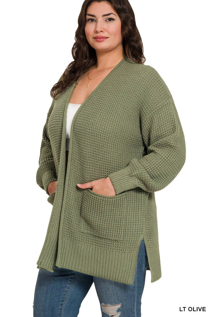 Plus Low Gauge Waffle Open Cardigan Sweater