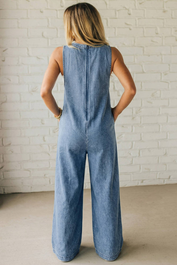 Solid Western Acid Wash Tie Neck Pintuck Wide Leg Jumpsuit