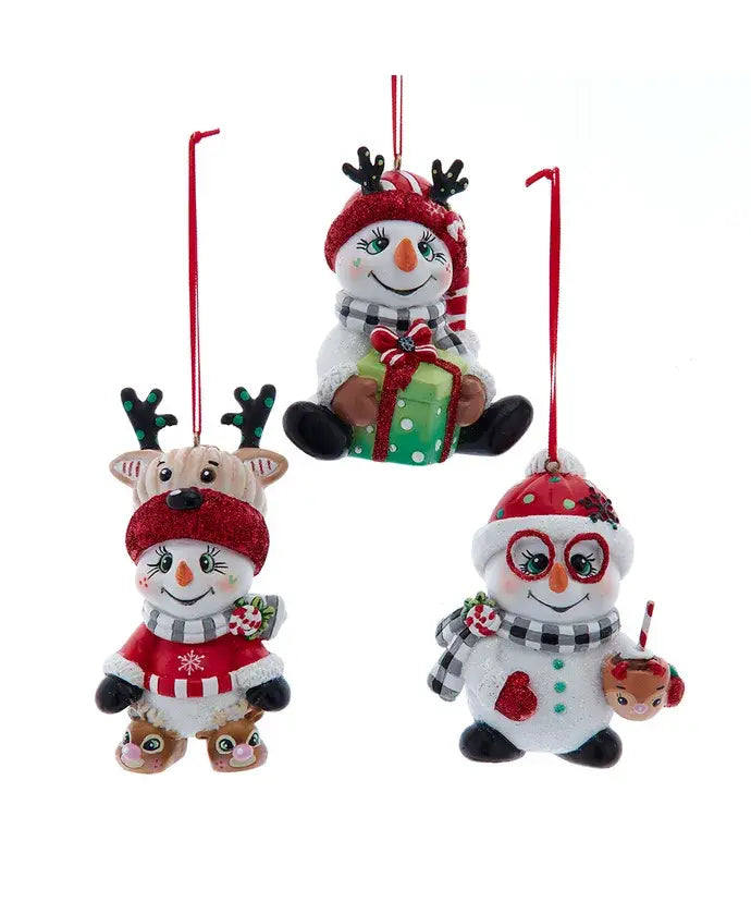 4" Resin Red/White/Plaid Snowman Ornament 3 Assorted