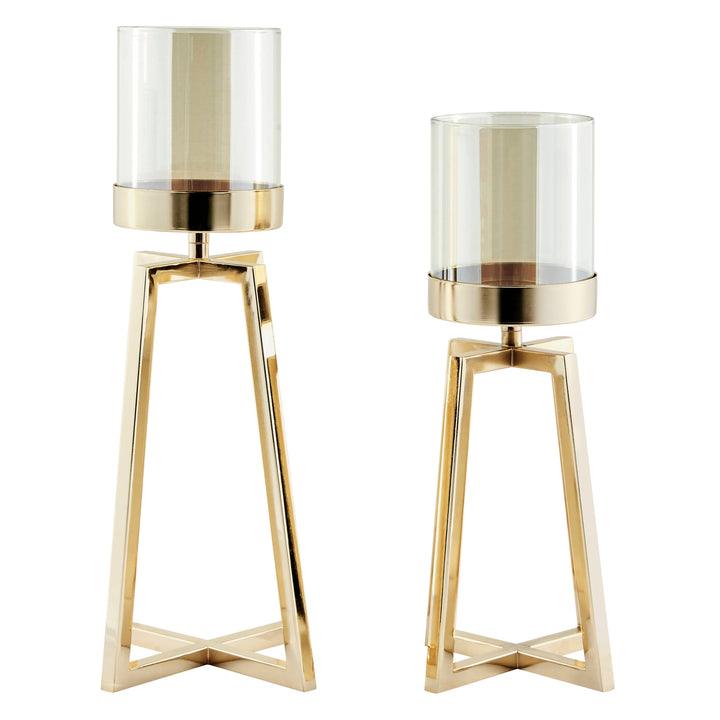 Maeve Gold Pedestal Hurricane Candle Holders - Set of 2