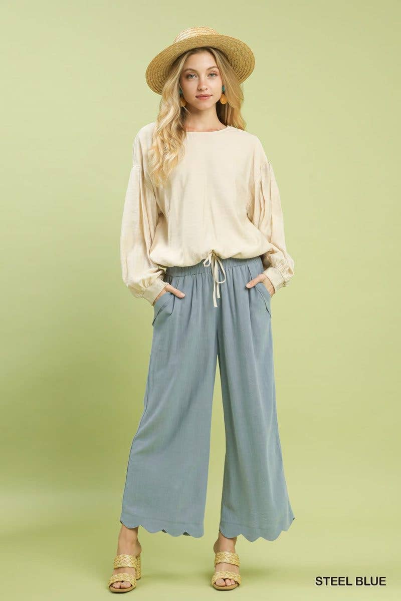 Linen Blend Scallop Hem Wide Leg Pants