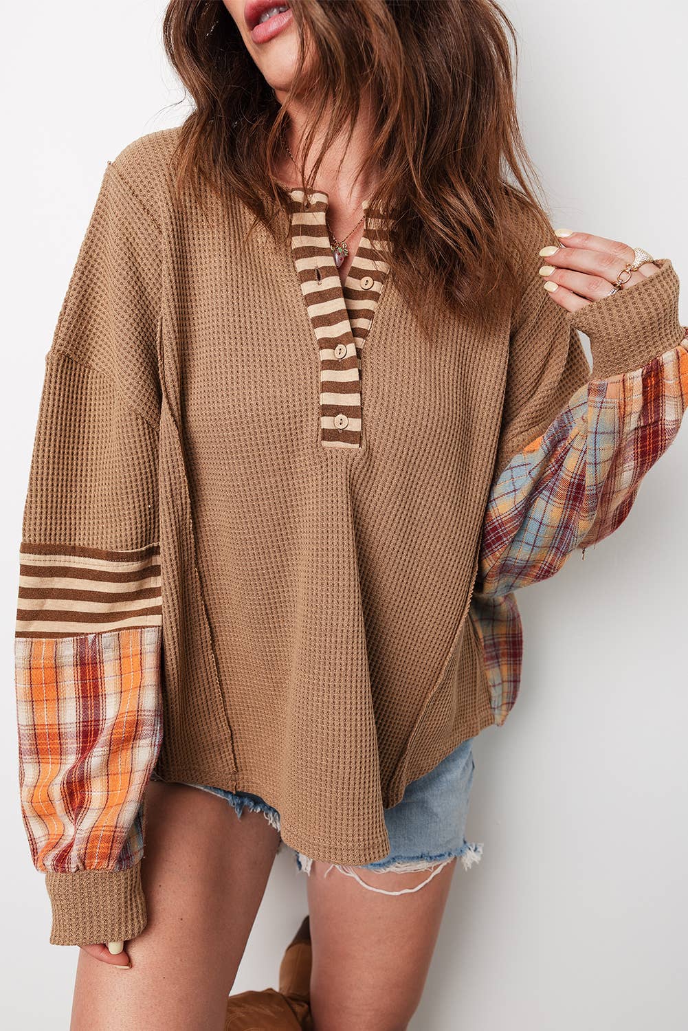 Waffle Stripe Plaid Patchwork Henley Knit Top S-4X