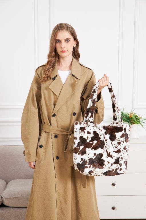 Black Brown Cow Print Faux Fur Tote Bag