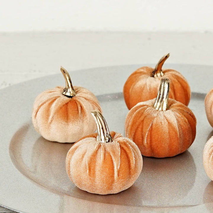 31346- Bag of 6 velvet 2in pumpkins w.golden stem-PEACH