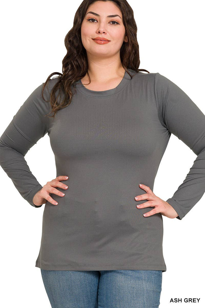 Plus Brushed Microfiber Long Sleeve Round Neck Tee