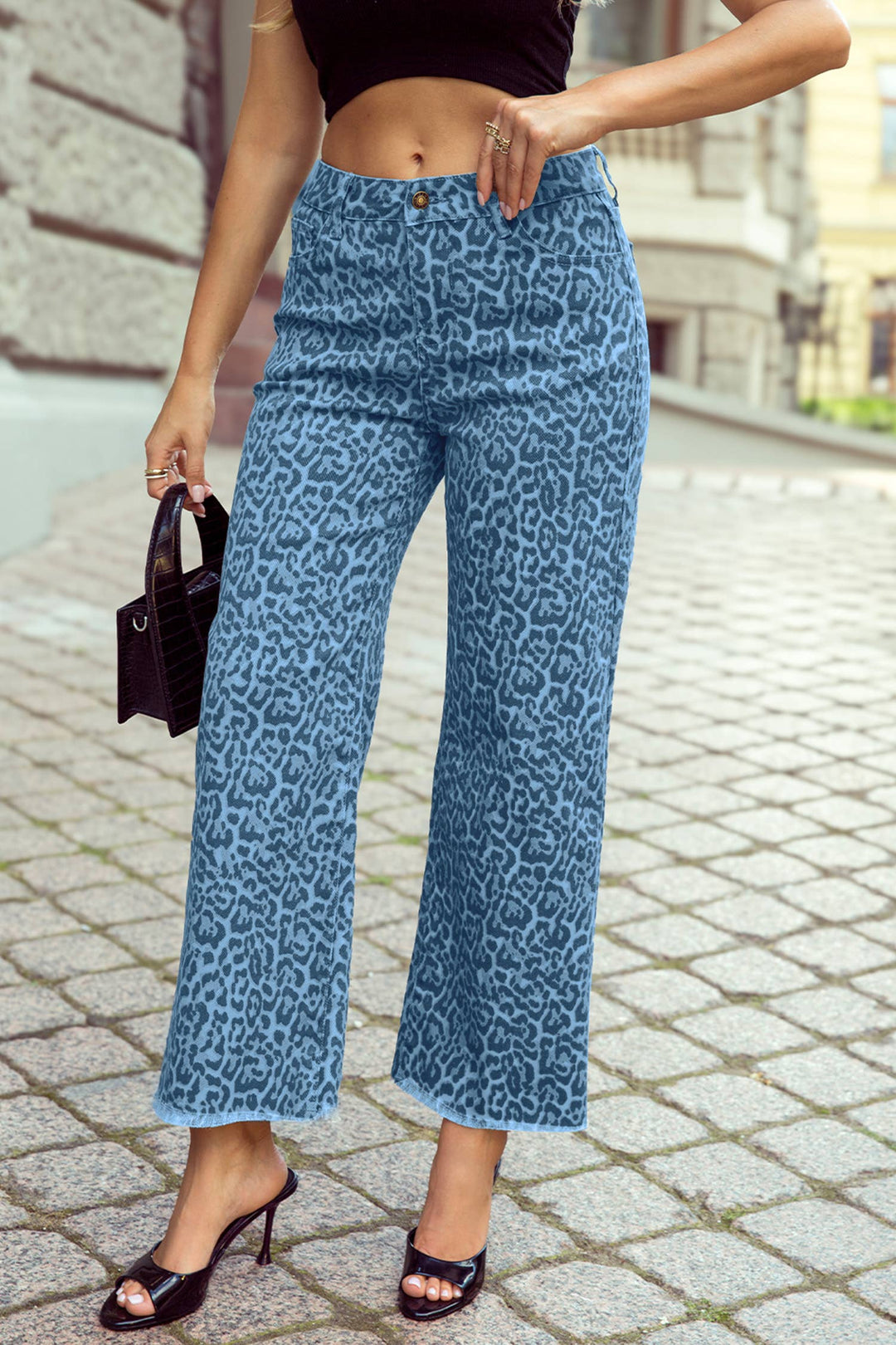 Leopard /Polka Dot Frayed Edge Wide Leg High Waist Jeans