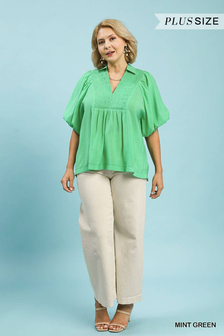 Plus Exaggerated Bubble Sleeve Top With Front Yoke